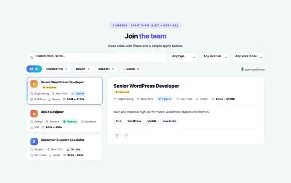 Careers 05 section — Job Board / Openings · Split view (list + details)