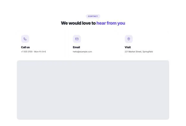 Contact 01 section — Contact cards + map