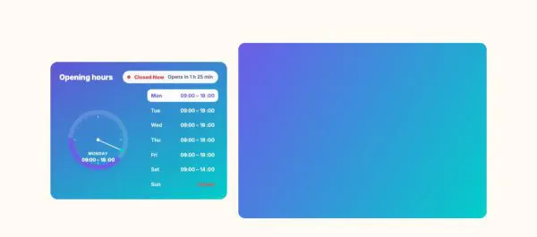 Contact 02 section — Opening hours dial + map