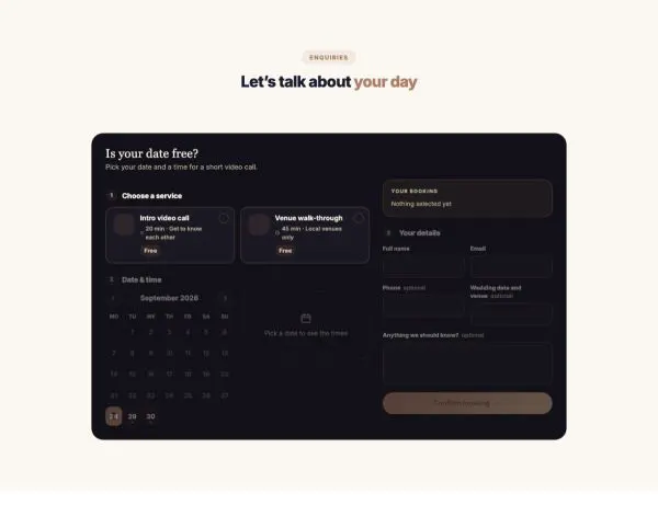 Contact 13 section — Date availability check · booking