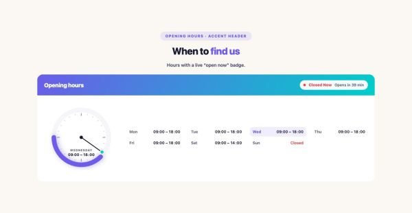 Contact 15 section — Business Hours · Accent Header