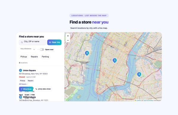 Contact 23 section — Store Locator · List beside the map