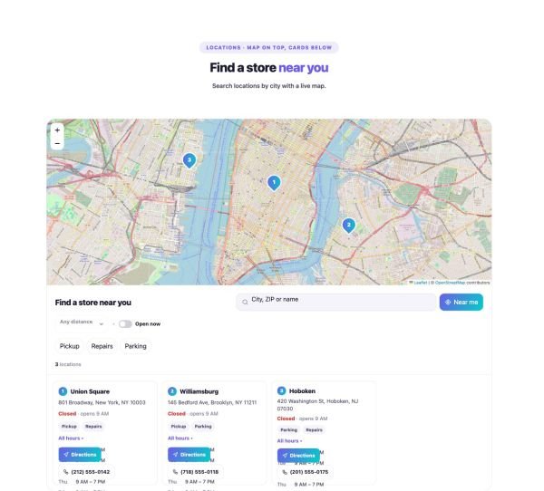 Contact 24 section — Store Locator · Map on top, cards below
