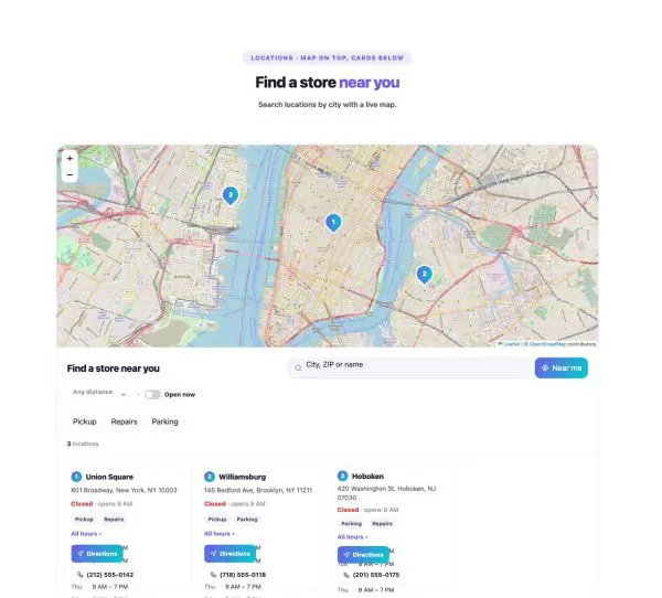 Contact 24 section — Store Locator · Map on top, cards below