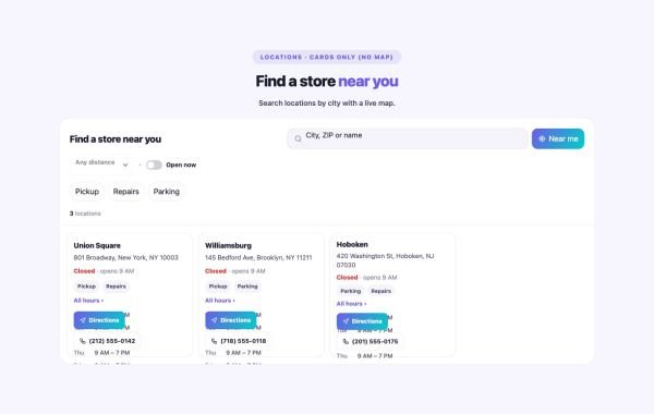 Contact 25 section — Store Locator · Cards only (no map)