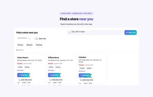 Contact 25 section — Store Locator · Cards only (no map)