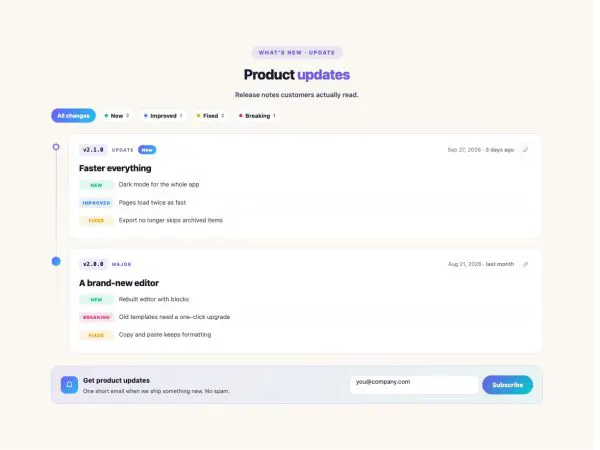 Content 15 section — Changelog · Update