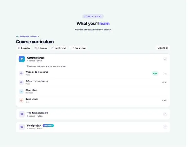 Content 24 section — Course Curriculum · Light