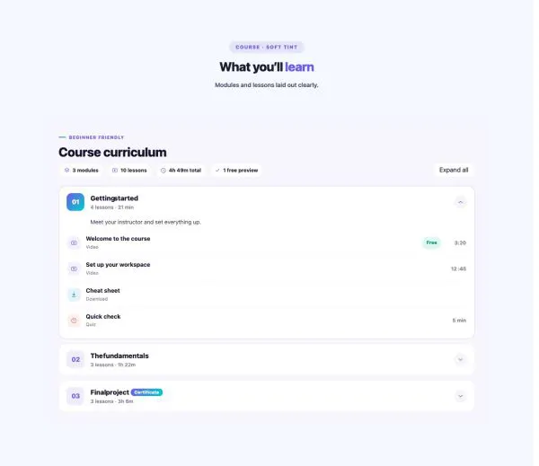Content 25 section — Course Curriculum · Soft tint