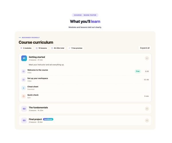 Content 26 section — Course Curriculum · Warm paper