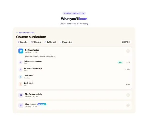 Content 26 section — Course Curriculum · Warm paper