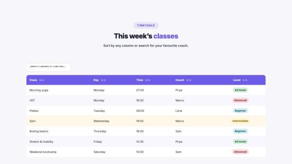 Data & Charts 06 section — Class timetable · searchable table