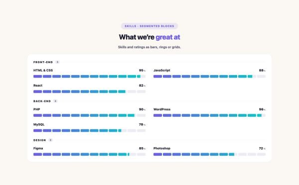 Data & Charts 13 section — Skill Bars Matrix · Segmented blocks