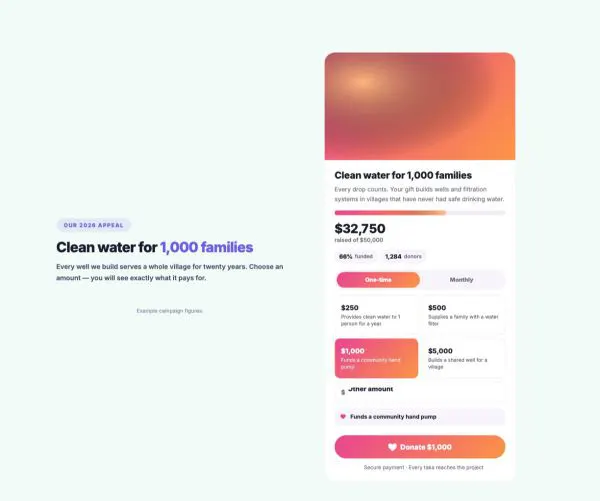 Nonprofit 01 section — Donation card · clean water