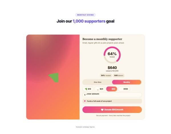 Nonprofit 02 section — Donation strip · monthly giving