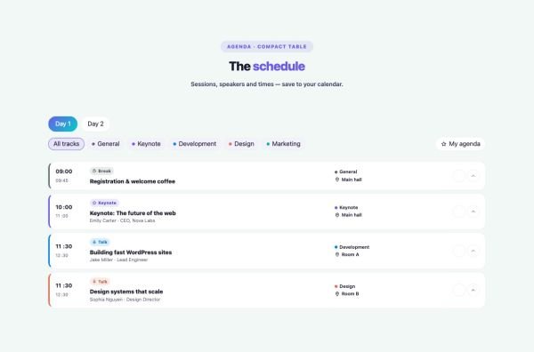Events 01 section — Event Schedule / Agenda · Compact table