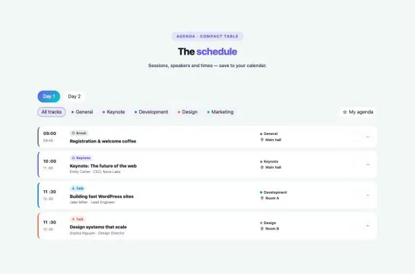 Events 01 section — Event Schedule / Agenda · Compact table