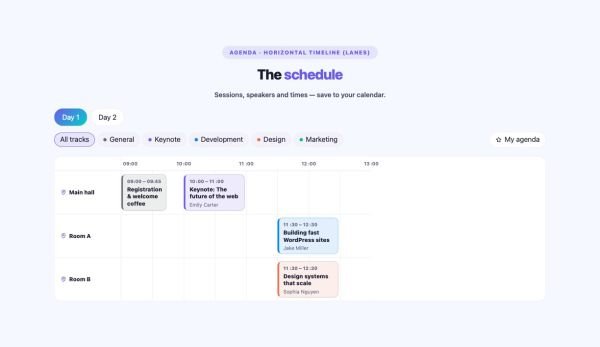 Events 02 section — Event Schedule / Agenda · Horizontal timeline (lanes)
