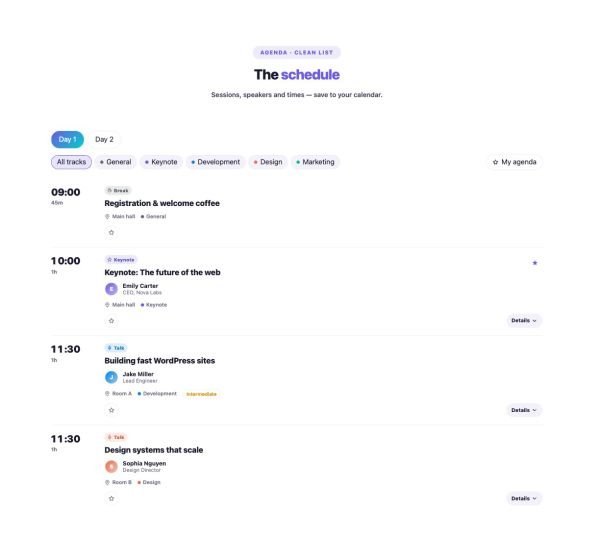 Events 03 section — Event Schedule / Agenda · Clean list