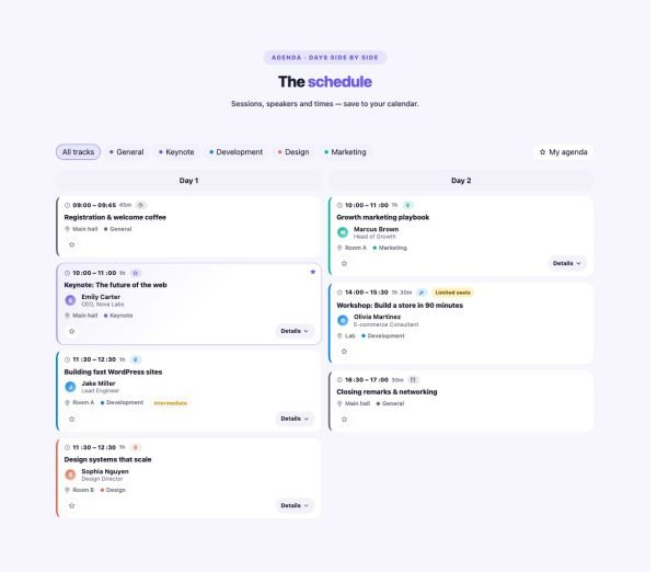 Events 04 section — Event Schedule / Agenda · Days side by side
