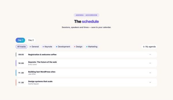 Events 05 section — Event Schedule / Agenda · Accordion