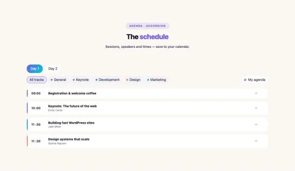 Events 05 section — Event Schedule / Agenda · Accordion