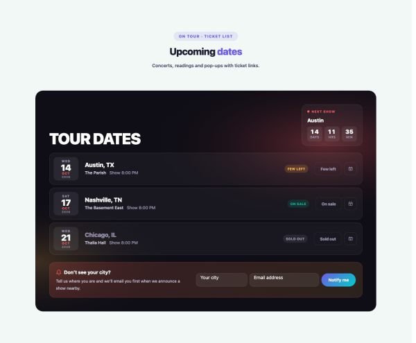 Events 06 section — Tour Dates · Ticket list