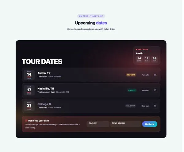 Events 06 section — Tour Dates · Ticket list
