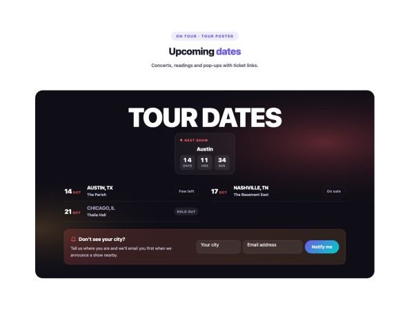 Events 08 section — Tour Dates · Tour poster