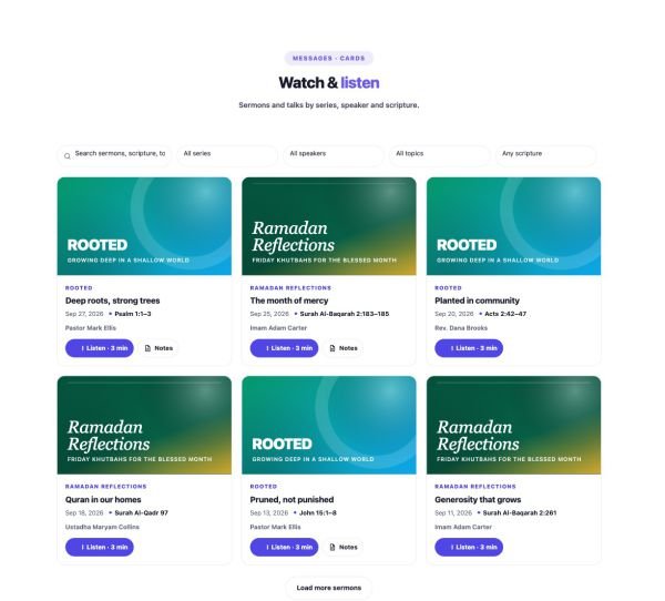 Faith & Community 02 section — Sermon Library · Cards