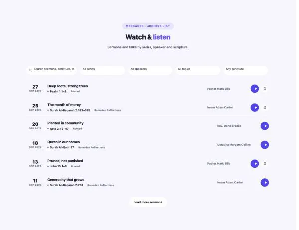 Faith & Community 03 section — Sermon Library · Archive list