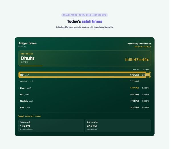 Faith & Community 05 section — Prayer Times · Today card + countdown