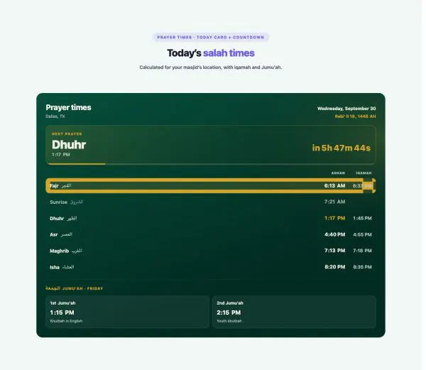 Faith & Community 05 section — Prayer Times · Today card + countdown