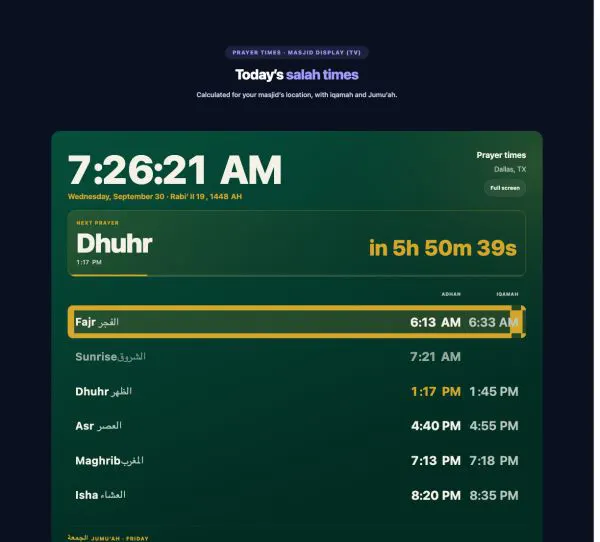 Faith & Community 08 section — Prayer Times · Masjid display (TV)