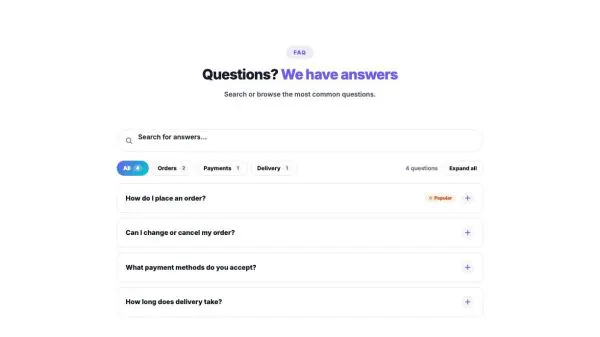 FAQ 01 section — Searchable accordion