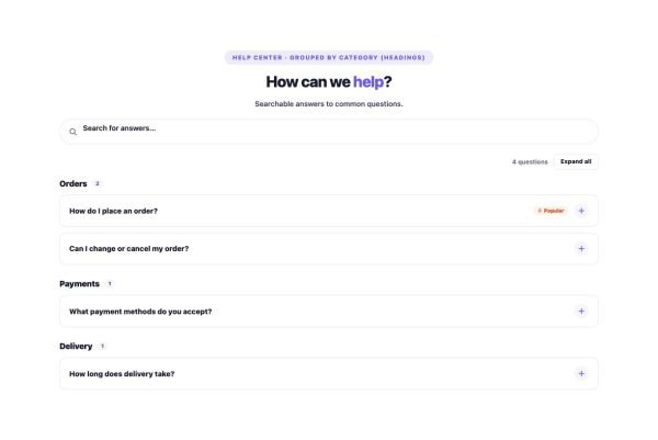 FAQ 07 section — FAQ with Search · Grouped by category (headings)