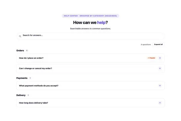 FAQ 07 section — FAQ with Search · Grouped by category (headings)