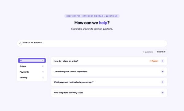 FAQ 08 section — FAQ with Search · Category sidebar + questions