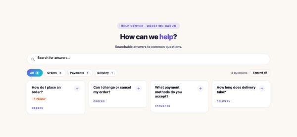 FAQ 09 section — FAQ with Search · Question cards
