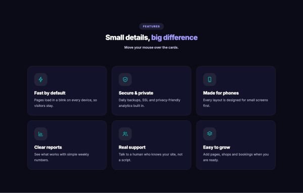 Features 05 section — Spotlight cards · hover glow