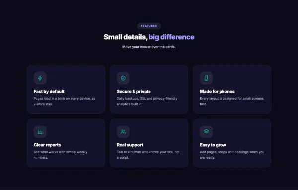Features 05 section — Spotlight cards · hover glow