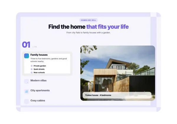 Features 15 section — Visual tabs · real estate
