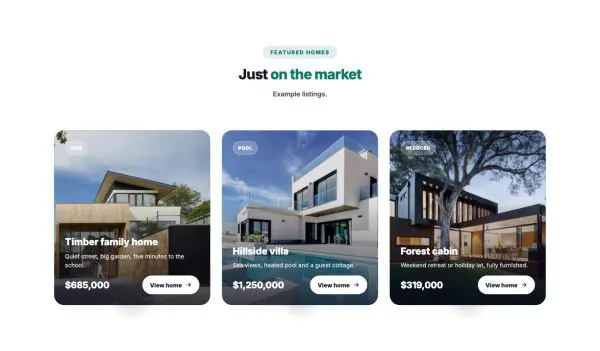 Features 20 section — Property listings · tilt cards
