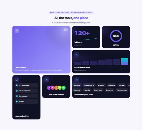 Features 24 section — Bento Grid · Big number (counts up)