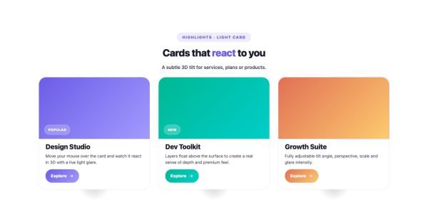 Features 28 section — 3D Tilt Card · Light card