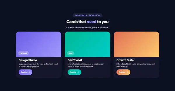 Features 29 section — 3D Tilt Card · Dark card