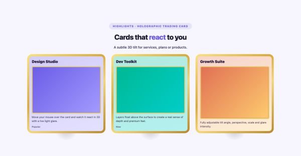 Features 30 section — 3D Tilt Card · Holographic trading card