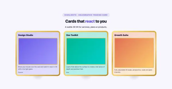 Features 30 section — 3D Tilt Card · Holographic trading card