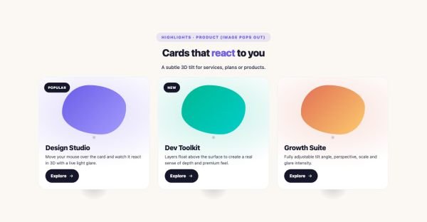 Features 31 section — 3D Tilt Card · Product (image pops out)