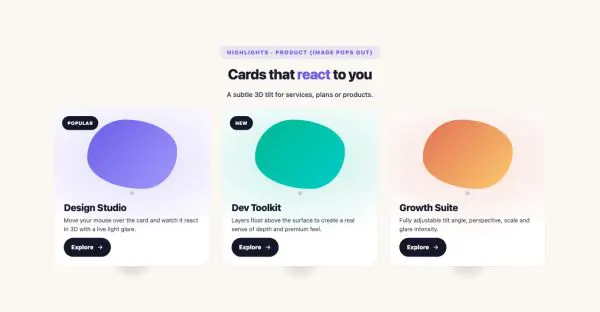Features 31 section — 3D Tilt Card · Product (image pops out)